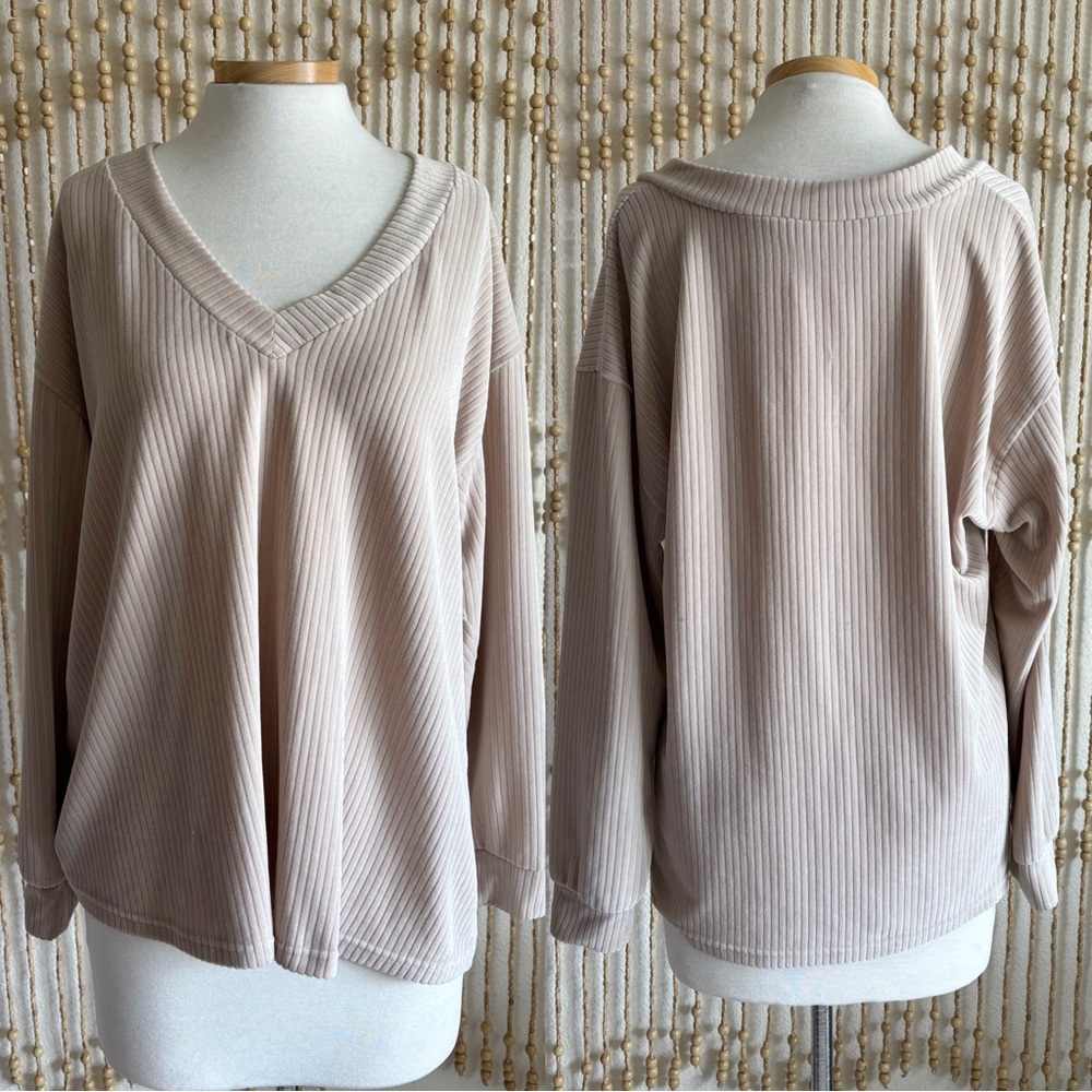 ASOS Tan Ribbed Velvet Soft Oversized V Neck Lounge Long Sleeve Casual Blouse